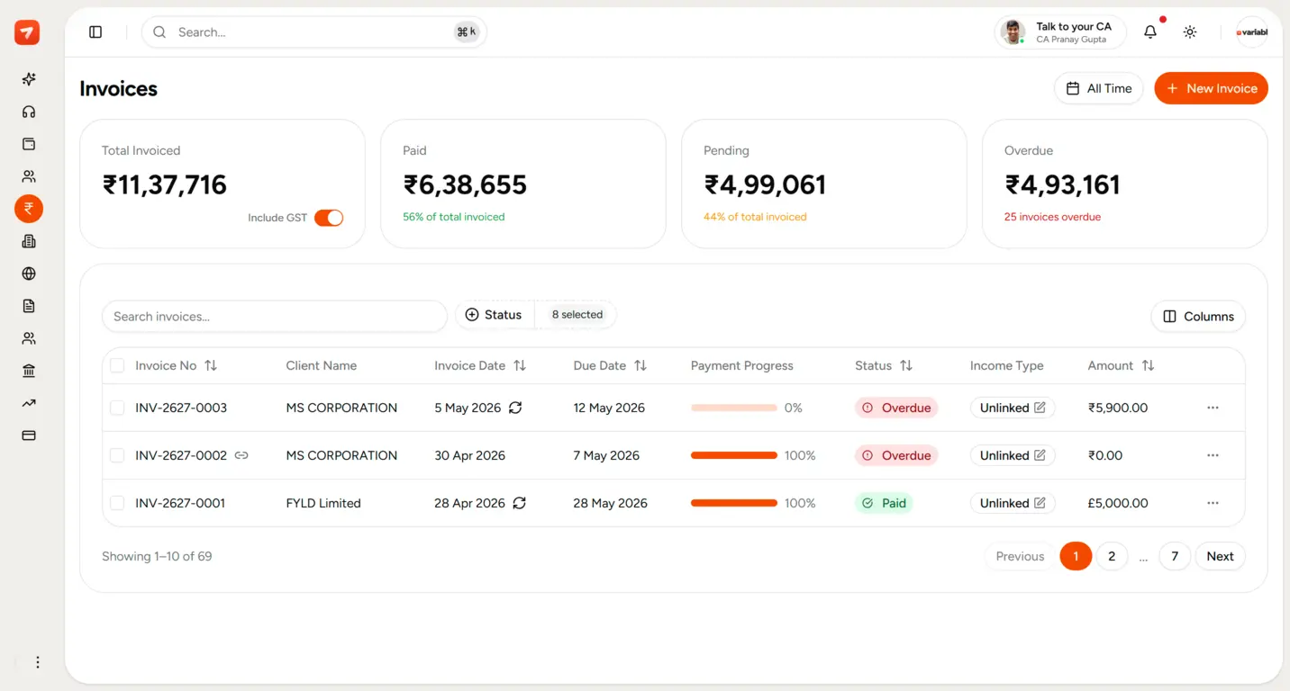 Invoicing screen